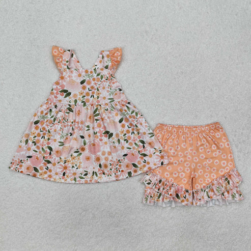 GSSO1763 Baby Girls Pink Spring Flowers Straps Tunic Shorts Clothes Set