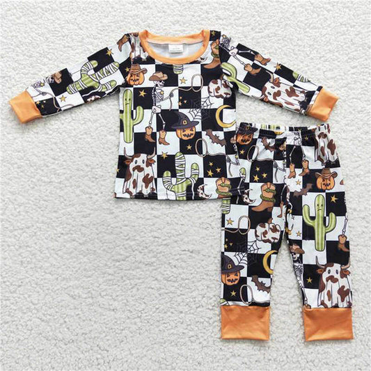 L-3.2 BLP0207 Skull cactus pumpkin black and white plaid long sleeve