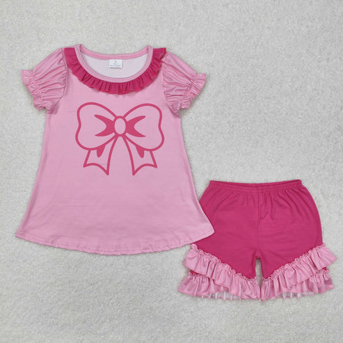 GSSO1531 Baby Girls Pink Bow Tunic Ruffle Shorts Clothes Set
