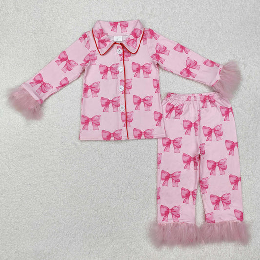 3.18 GLP2289 Baby Girls Pink Bows Fur Buttons Shirt Pants Pajamas Clothes Set