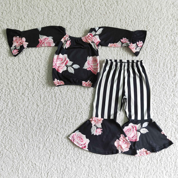 6 A29-2 Girl Black Floral Striped Bell Outfit