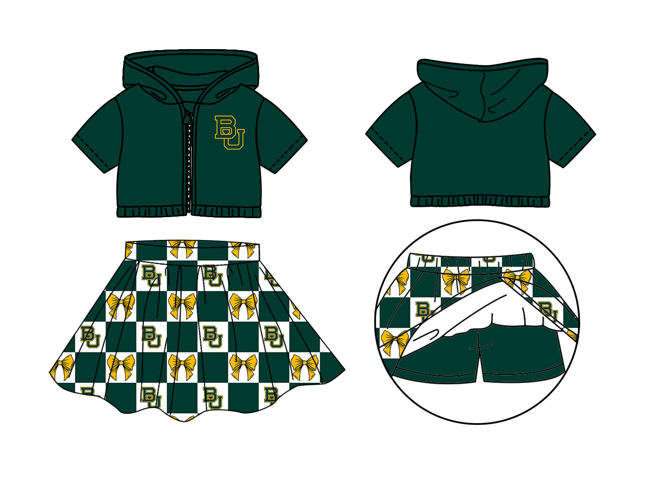 Custom Moq 3 or 5 Team Design Baby Girl Green BU Bows Zip Hoodie Jackets Skirt Short Team Clothes Sets