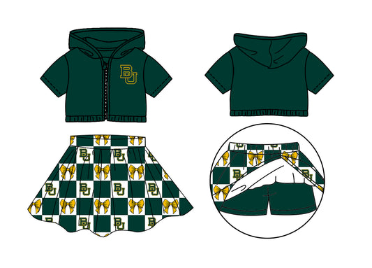 Custom Moq 3 or 5 Team Design Baby Girl Green BU Bows Zip Hoodie Jackets Skirt Short Team Clothes Sets