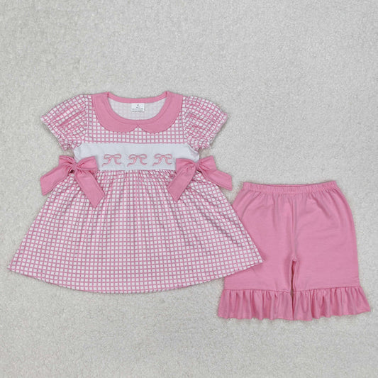3.17 GSSO1879 Baby Girls Pink Checkered Bows Tunic Ruffle Shorts Clothes Set