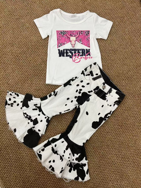 3.19  GT0134+P0001 Baby Girls Western Doll Shirt Cow Hide Bell Denim Pants Clothes Set