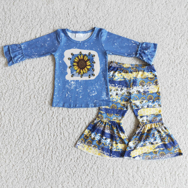 6 A26-4 Spring Blue sunflower bleached top bell bottom pants set