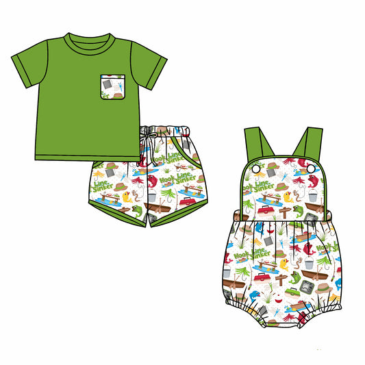 26.1.1 Custom MOQ:3 or 5 pcs each design milk silk Sibling baby boy clothes fish short sleeve shorts sets and romper