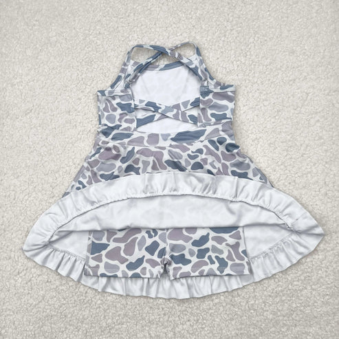 4.30 Sibling Baby Girls Strap Bows Floral Camo Print Yoga Activity Wear Ruffle Knee Length Dresses