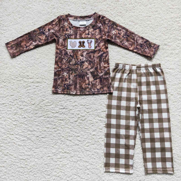 L-3.2BLP0266 Embroidery Turkey Boots Deer Leaf Green Plaid Long Sleeve Pants