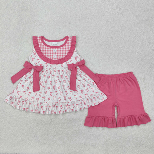 GSSO1639 Baby Girls Pink Bows Bib Tunic Ruffle Shorts Clothes Set