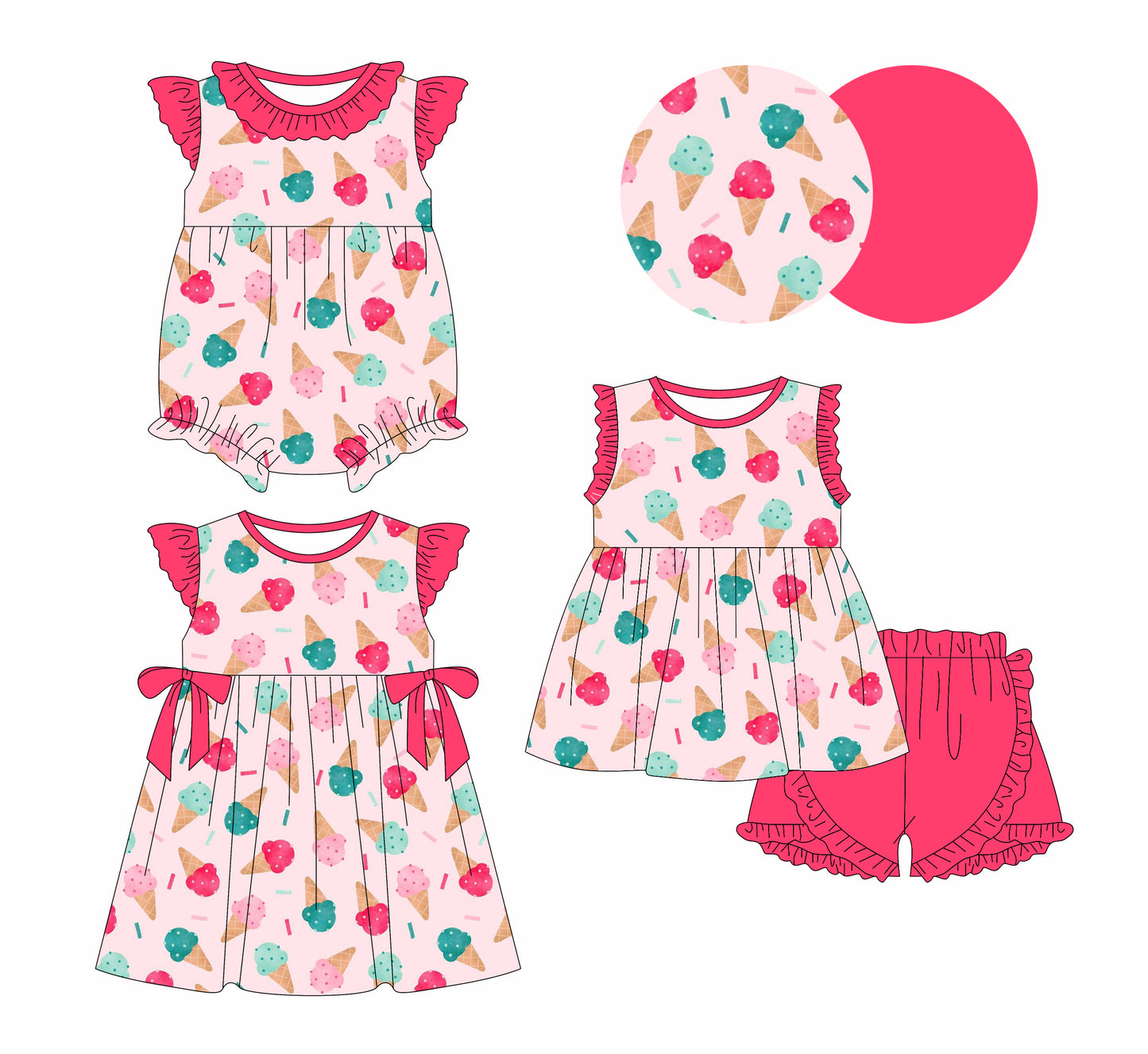 26.1.17 Custom (Moq 3 or 5) Sibling Baby Girl ice cream Short Sleeve Shorts Sets Kids Dress Romper