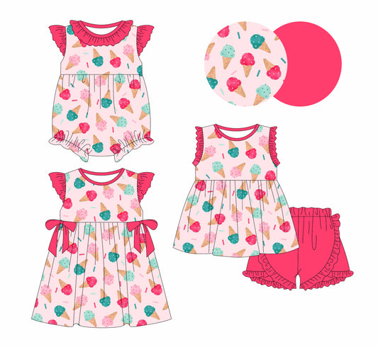 26.1.17 Custom (Moq 3 or 5) Sibling Baby Girl ice cream Short Sleeve Shorts Sets Kids Dress Romper