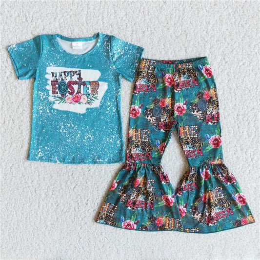L-3.8 B2-12 Easter Blue Short Sleeve Floral Flared Pants Set