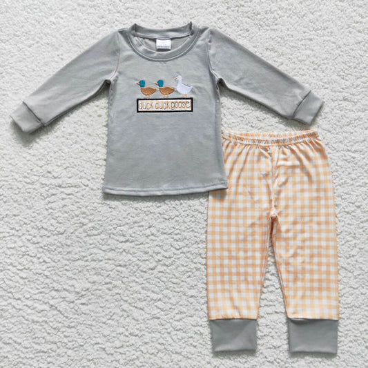 L-3.2 BLP0310duck embroidered duck goose animal gray long sleeve yellow plaid trousers suit