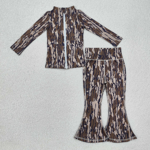 3.18 GT0850+P0691 Baby Girls Bottomland Camo Yoga Zip Top Bell Pants Active Wear Clothes Set