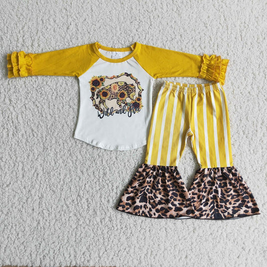 6 A0-3 Girl Sunflower Leopard Cow Yellow Striped Bell Outfit