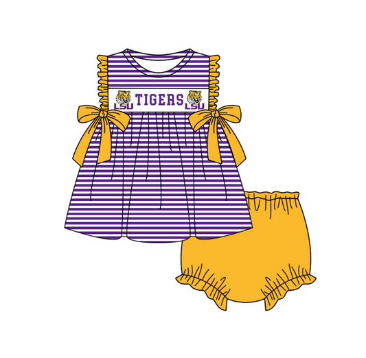 1.30 Custom Order Moq 3 Baby Girl LSU Tigers Bows Stripe Tunic Top Bummies Team Clothes Sets