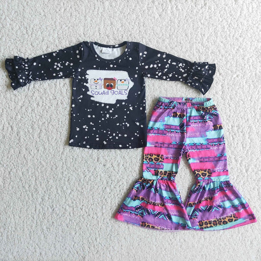 6 C8-17 Girl Snowman Print Black Bell Outfit