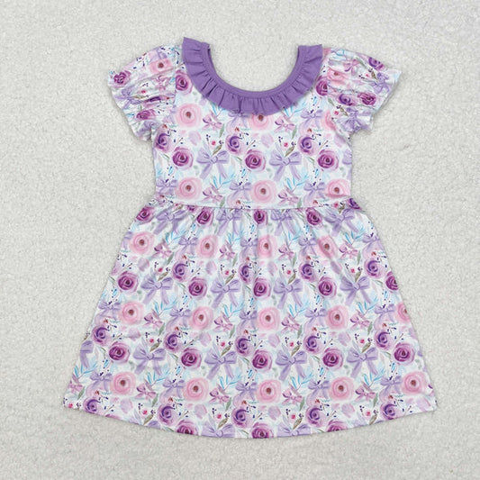L-3.3 .GSD1516 Baby Girls Purple Flowers Bows Knee Length Dress
