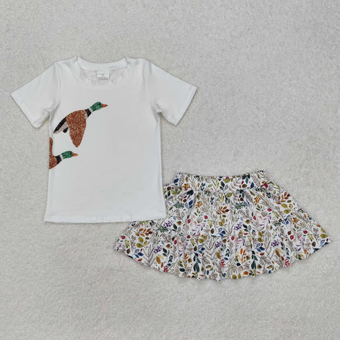 GSD1546 Baby Girls Mallard Duck Shirt Floral Skirt Clothes Set