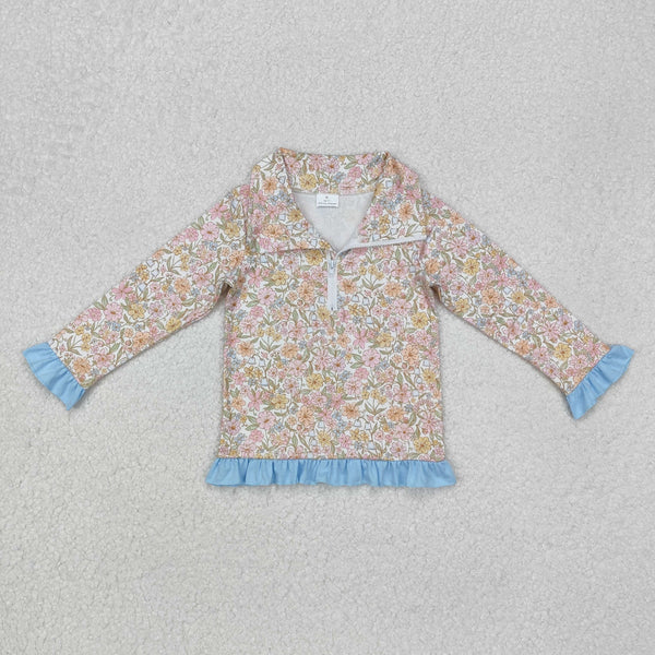 3.12 GT0722 Baby Girls Blue Pink Flowers Zip Long Sleeve Pullovers Tops