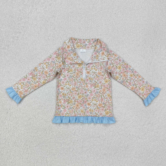 3.12 GT0722 Baby Girls Blue Pink Flowers Zip Long Sleeve Pullovers Tops