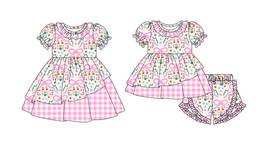 26.1.10 Custom MOQ:3 or 5 pcs each design milk silk Sibling baby girl clothes bow floral short sleeve shorts sets and dress
