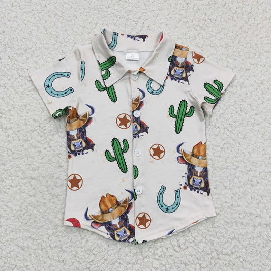 BT0213 Western Boy Cow Cactus Short Sleeve Shirt