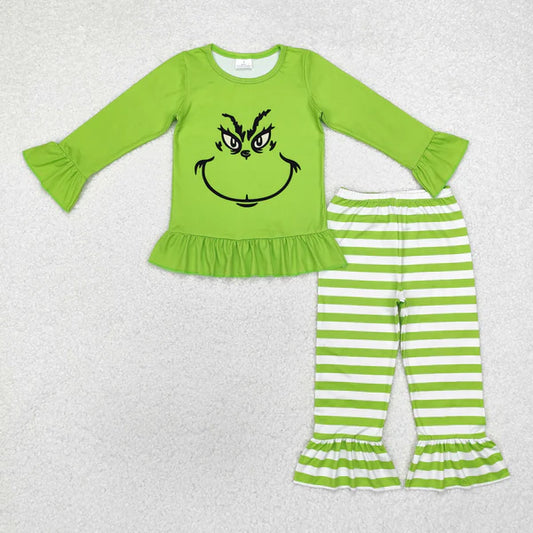 GLP1862 Baby Girls Christmas Green Face Top Ruffle Pants Outfits Set