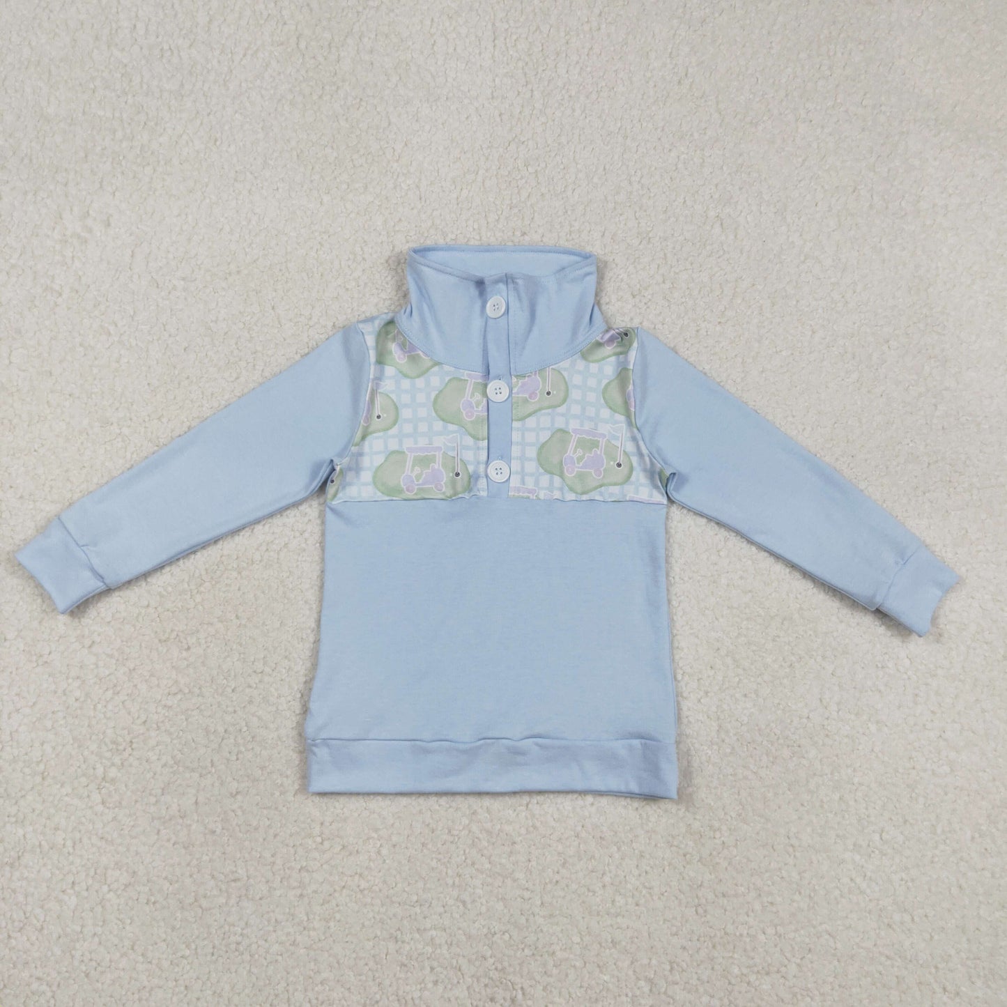 RTS NO MOQ（In Stock) BT1492 Golf Course Sightseeing Vehicle Blue Check Button-Up Long-Sleeve Top