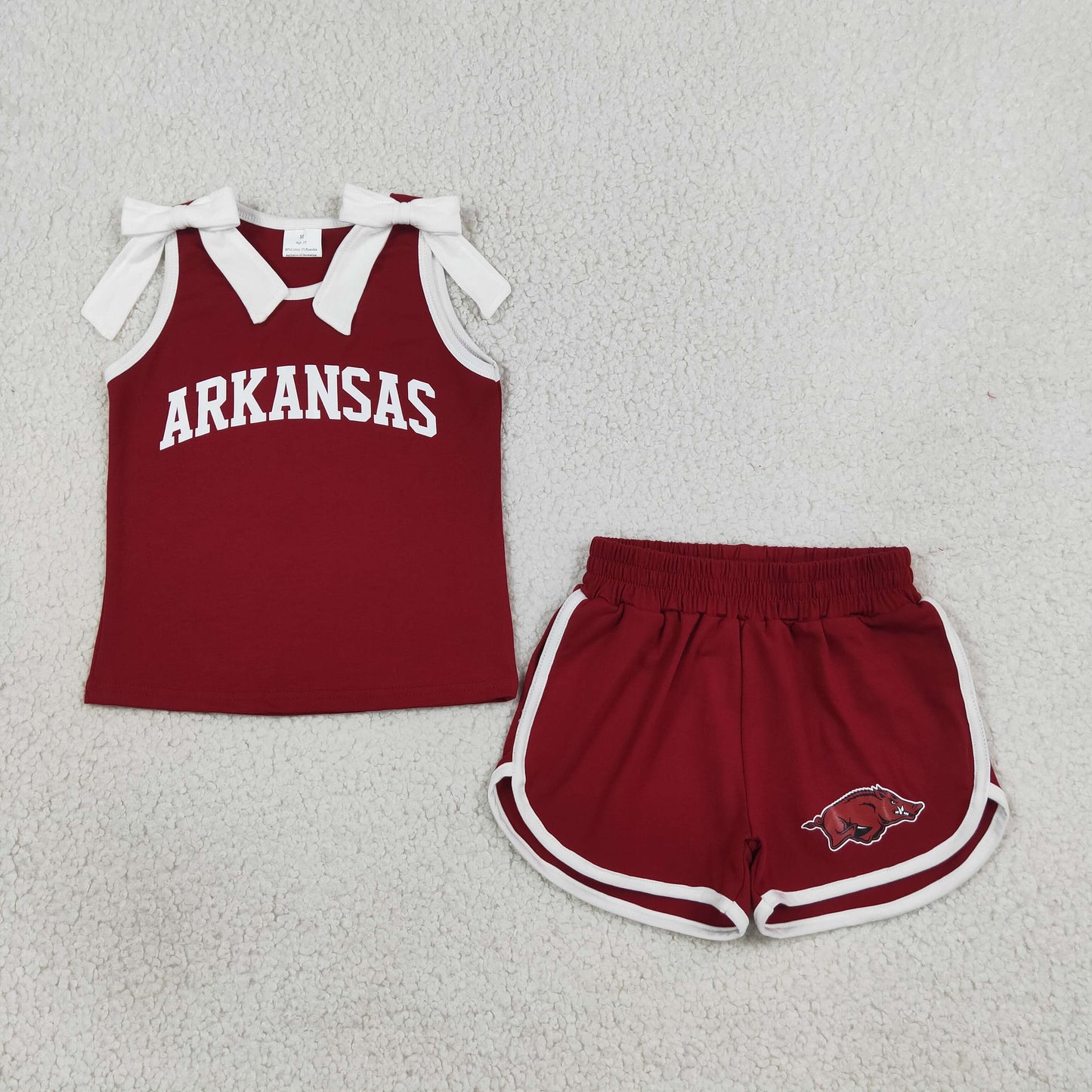 GSSO3833 Kids Clothing Baby Girls Red White Bows Vinyl Arkansas Top Short Team Clothes Sets