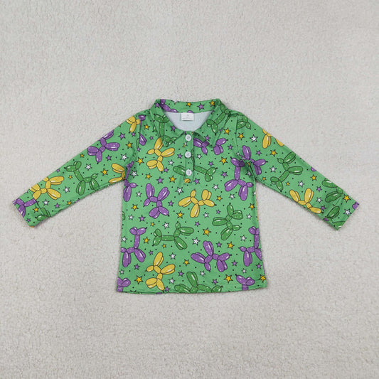 RTS NO MOQ(In Stock) BT1389 Carnival Balloon Puppy Star Button Green Long-Sleeved Top