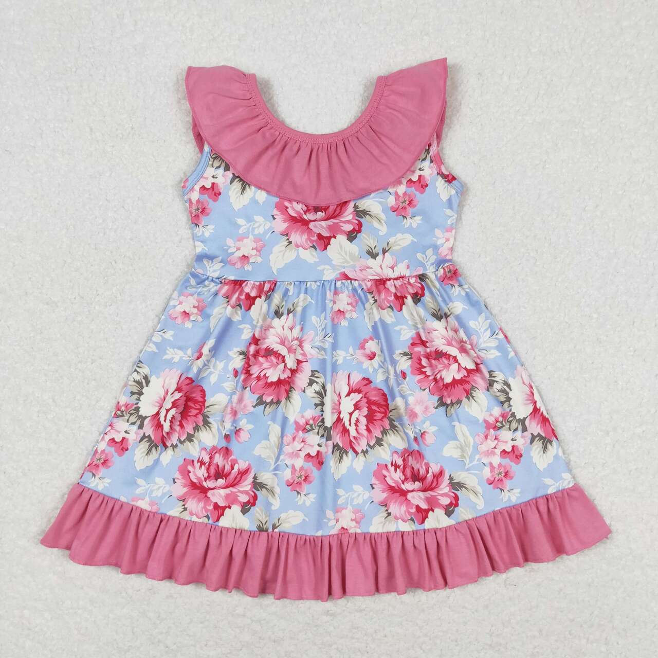 GSD0723 Blue sleeveless dress with flowers pink lace bow