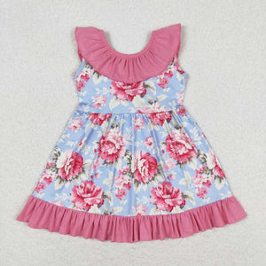 GSD0723 Blue sleeveless dress with flowers pink lace bow