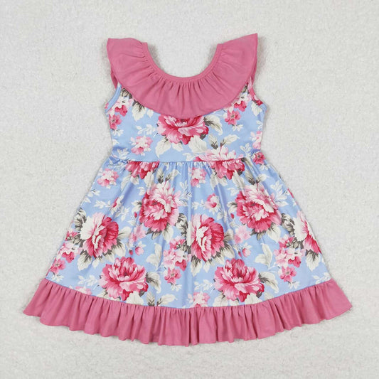 GSD0723 Blue sleeveless dress with flowers pink lace bow