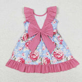 GSD0723 Blue sleeveless dress with flowers pink lace bow