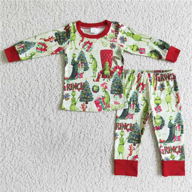 Sibling Baby Kids Green Face Trees Top Pant Pajamas Sets
