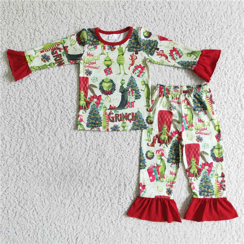 Sibling Baby Kids Green Face Trees Top Pant Pajamas Sets