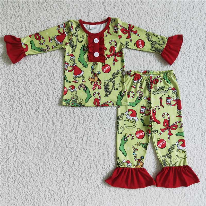 GLP0204 Girls Christmas grinch long sleeve pantsuit