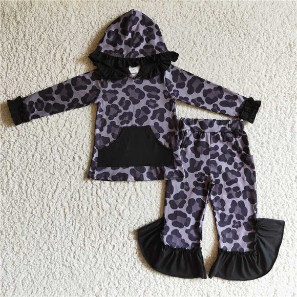 GLP0255Girls' black leopard pocket hooded long-sleeved pantsuit