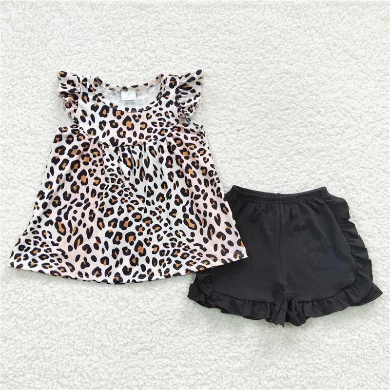 GSSO0312 Baby Girls Leopard Tunic Top Black Shorts Sets