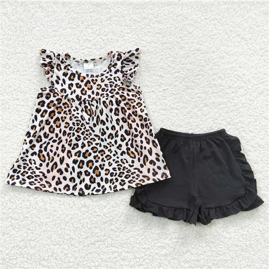 GSSO0312 Baby Girls Leopard Tunic Top Black Shorts Sets