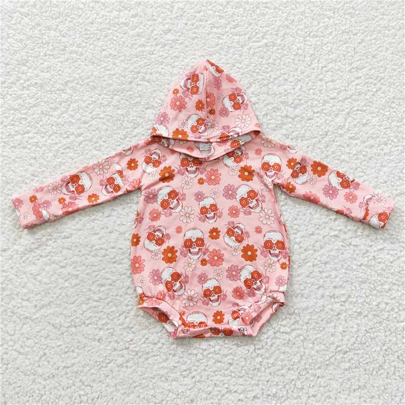 LR0269 Orange Floral Skull Hooded Long Sleeve Bodysuit