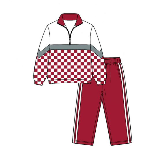 7.25 design Baby Boys Grey Red Checked Zip Pullover Top Pant Team Clothes Sets