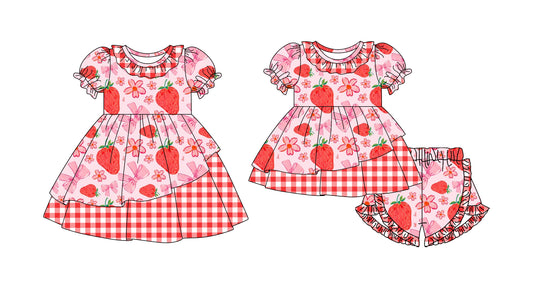 26.1.10 Custom MOQ:3 or 5 pcs each design milk silk Sibling baby girl clothes strawberry bow floral short sleeve shorts sets and dress