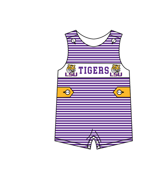1.30 Custom Order Moq 3 Baby Boy Sleeveless Stripes Button LSU Tigers Team Bubble Rompers
