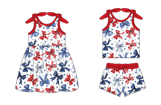 26.1.14 Custom MOQ:3 or 5 pcs each design milk silk Sibling baby girl clothes bow short sleeve shorts sets and dress