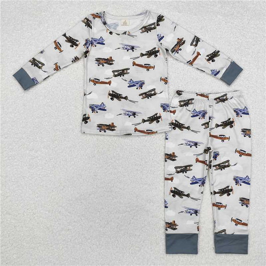 BLP0647 Sibling Brother Boys Green Plane Bamboo Rompers Pajamas