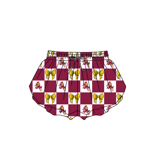 Custom Moq 3 or 5 Team Design Baby Girl Burgundy Bows Plaid Team Ruffle Shorts