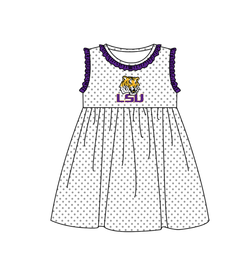 2.2 Custom Order Moq 3 Baby Girl Sleeveless LSU Polka Dots Team Knee Length Dresses